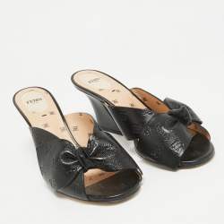 Pre Owned Fendi Black Leather FF Karligraphy Bow Slide Sandals Size 40