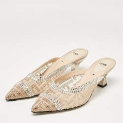 Pre Owned Fendi Beige Mesh Crystal Embellished Colibri Mules Size 38