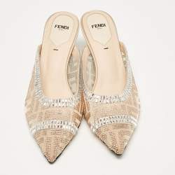 Pre Owned Fendi Beige Mesh Crystal Embellished Colibri Mules Size 38