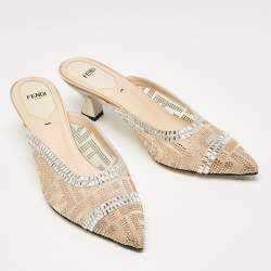 Pre Owned Fendi Beige Mesh Crystal Embellished Colibri Mules Size 38