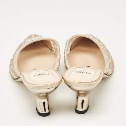 Pre Owned Fendi Beige Mesh Crystal Embellished Colibri Mules Size 38