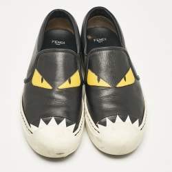 مملوكة مسبقًا Fendi Black Leather Monster Slip On Sneakers 38.5