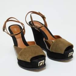 Fendi Brown Patent Leather and Suede Fendista Platform Wedge Sandals Size 40