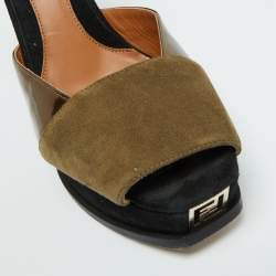 Fendi Brown Patent Leather and Suede Fendista Platform Wedge Sandals Size 40