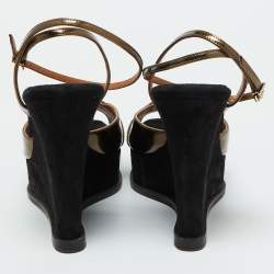 Fendi Brown Patent Leather and Suede Fendista Platform Wedge Sandals Size 40