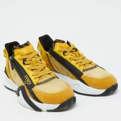 Fendi Yellow/Black Fabric and Mesh Flow Low Top Sneakers Size 40