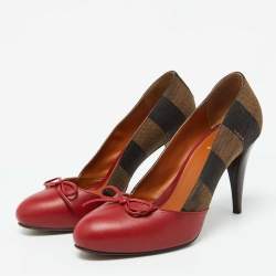 Fendi Red/Brown Leather and Pequin Canvas Bow Pumps Size 37