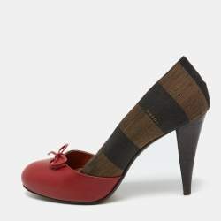 Fendi Red/Brown Leather and Pequin Canvas Bow Pumps Size 37