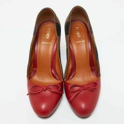 Fendi Red/Brown Leather and Pequin Canvas Bow Pumps Size 37