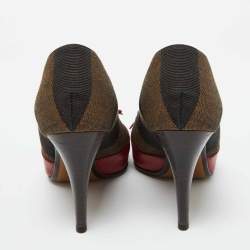 Fendi Red/Brown Leather and Pequin Canvas Bow Pumps Size 37