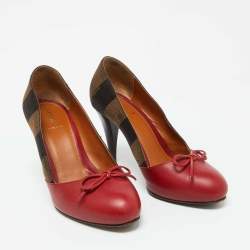 Fendi Red/Brown Leather and Pequin Canvas Bow Pumps Size 37