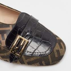 Fendi Tobacco/Black Croc Embossed Leather and Canvas Promenade FF Motif Slingback Sandals Size 38