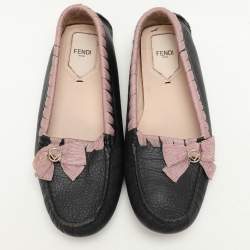 Fendi Black/Pink Leather and Fabric Bow Loafers Size 40