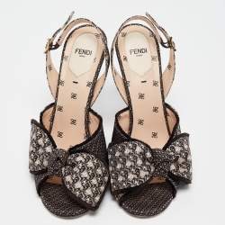 Pre Owned Fendi Brown/Beige Fabric FFreedom Slingback Sandals Size 39.5