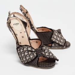 Pre Owned Fendi Brown/Beige Fabric FFreedom Slingback Sandals Size 39.5