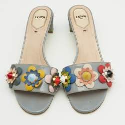 Fendi Grey Patent Leather Flowerland Slide Sandals Size 39