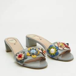 Fendi Grey Patent Leather Flowerland Slide Sandals Size 39