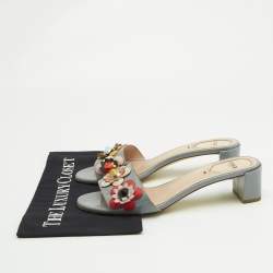 Fendi Grey Patent Leather Flowerland Slide Sandals Size 39