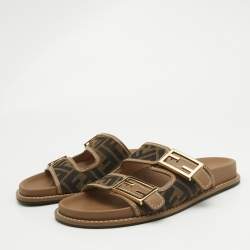 Fendi Brown Zucca Canvas and Leather FF Buckle Slides Size 37.5