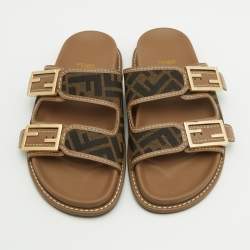 Fendi Brown Zucca Canvas and Leather FF Buckle Slides Size 37.5