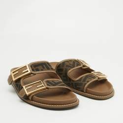 Fendi Brown Zucca Canvas and Leather FF Buckle Slides Size 37.5