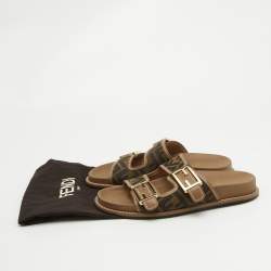 Fendi Brown Zucca Canvas and Leather FF Buckle Slides Size 37.5