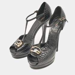 Fendi Black Croc Embossed Leather Peep Toe Sandals Size 37