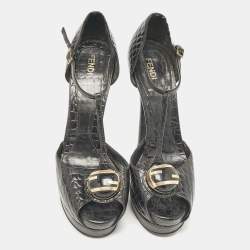Fendi Black Croc Embossed Leather Peep Toe Sandals Size 37