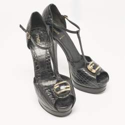 Fendi Black Croc Embossed Leather Peep Toe Sandals Size 37