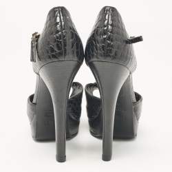 Fendi Black Croc Embossed Leather Peep Toe Sandals Size 37