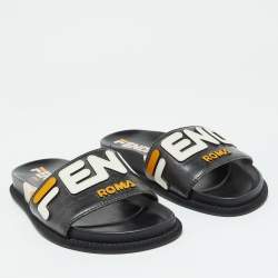 Fendi Black Leather Mania Motif Flat Slide Sandals Size 36.5