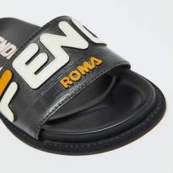 Fendi Black Leather Mania Motif Flat Slide Sandals Size 36.5