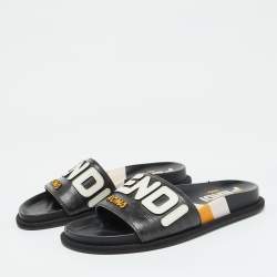 Fendi Black Leather Mania Motif Flat Slide Sandals Size 36.5