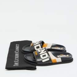 Fendi Black Leather Mania Motif Flat Slide Sandals Size 36.5