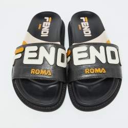 Fendi Black Leather Mania Motif Flat Slide Sandals Size 36.5