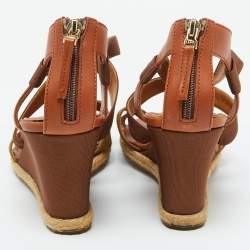 Fendi Brown Leather and Fabric Criss Cross Wedge Sandals Size 37