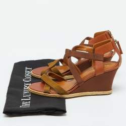 Fendi Brown Leather and Fabric Criss Cross Wedge Sandals Size 37