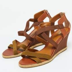 Fendi Brown Leather and Fabric Criss Cross Wedge Sandals Size 37