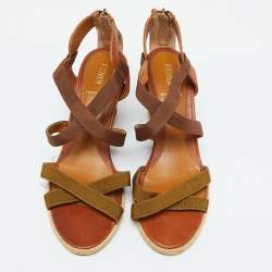 Fendi Brown Leather and Fabric Criss Cross Wedge Sandals Size 37