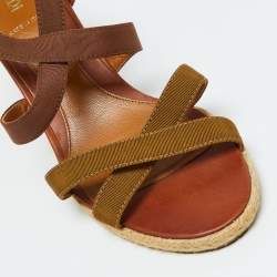 Fendi Brown Leather and Fabric Criss Cross Wedge Sandals Size 37