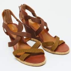 Fendi Brown Leather and Fabric Criss Cross Wedge Sandals Size 37