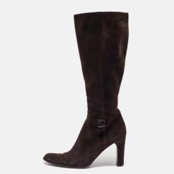 مملوكة مسبقًا Fendi Dark Brown Suede Knee Length Boots Size 38