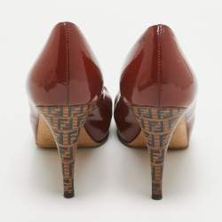 Pre Owned Fendi Rust Brown Patent Leather Zucca Heel Platform Pumps Size 39