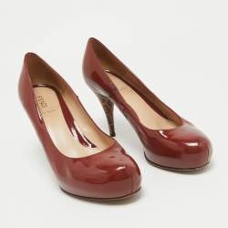 Pre Owned Fendi Rust Brown Patent Leather Zucca Heel Platform Pumps Size 39