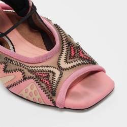 Pre Owned Fendi Pink Mesh and Canvas Evie Slingback Sandals Size 37.5