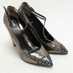 Fendi Metallic Perforated Leather T-Strap Pumps Size 41