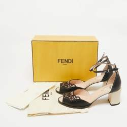 Fendi Black/Beige Laser Cut Leather Block Heel Ankle Strap Sandals Size 41