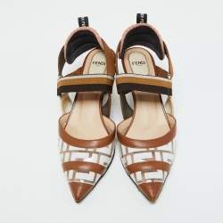 Pre Owned Fendi Brown/White Zucca PVC, Leather and Fabric Colibri Slingback Pumps Size 38