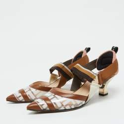 Pre Owned Fendi Brown/White Zucca PVC, Leather and Fabric Colibri Slingback Pumps Size 38