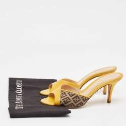 Pre Owned Fendi Yellow/Brown Leather and Zucca Canvas Slide Sandals Size 36